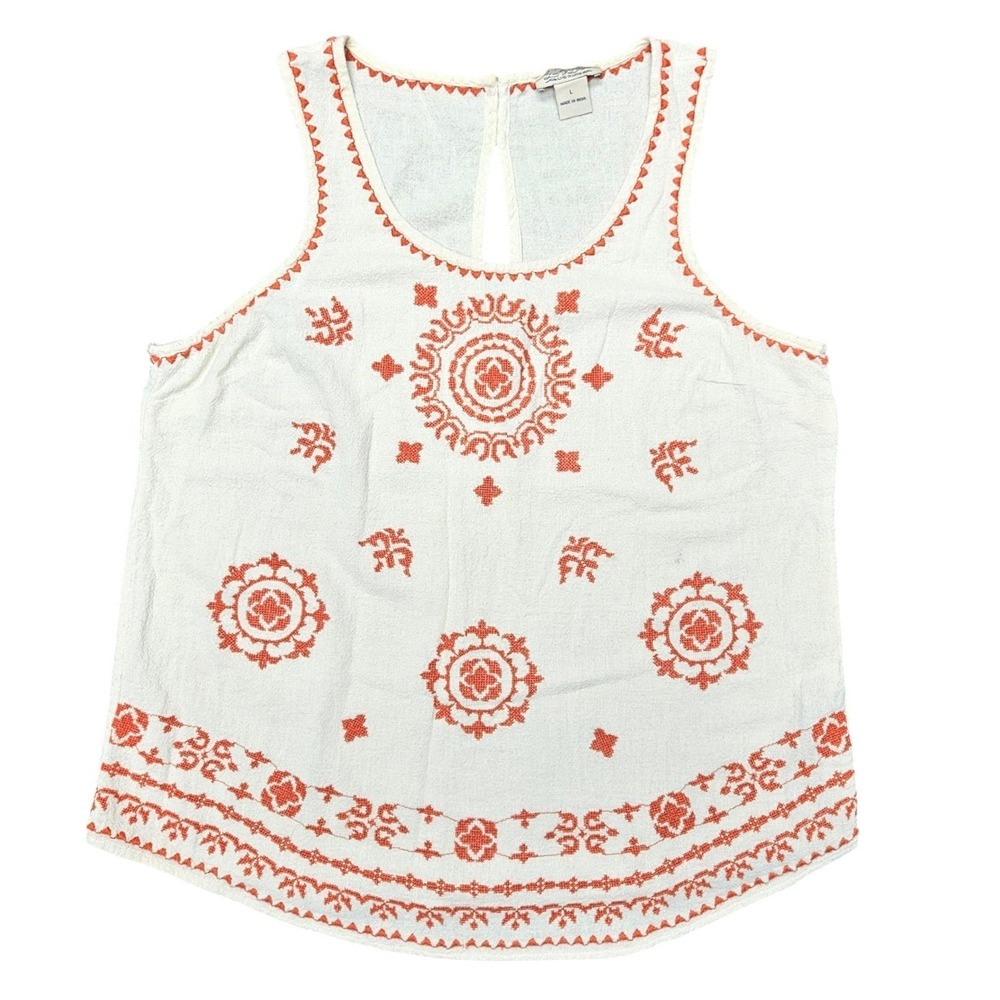 Lucky Brand Embroidered Tank Top Womens Large White Orange Cotton Boho Festival